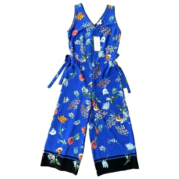 Carolina Belle Montreal Blue Floral Tropical Wide-Leg Midi Jumpsuit Women's M - Picture 2 of 12
